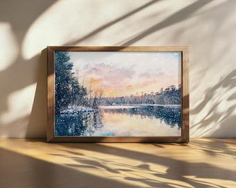 Printable Lake Wylie Painting, Clear Water Reflection Wall Art, South Carolina Winter Snow Sunset  Artwork, Forest Golden Hour Nature Print
