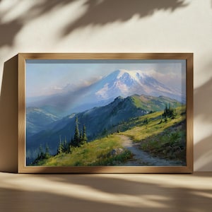 Mount Rainier National Park Painting, Cascade Range Wall Art, Washington Summer Hiking Artwork, Snow Mountain Forest Nature Landscape Print