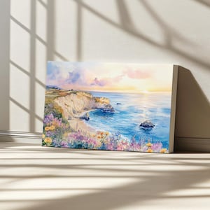 Big Sur Sunset Canvas, Monterey Ocean Beach Wall Art, California Spring Wildflower Artwork, Coastal Golden Hour Nature Landscape Painting