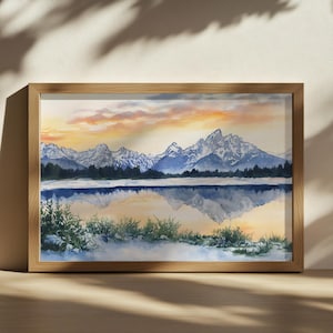 Grand Teton National Park Sonnenuntergang Malerei, Eisige See Spiegelung Wandkunst, Wyoming Winter Schnee Kunstwerk, Verschneite Teton Gebirgskette Landschaft
