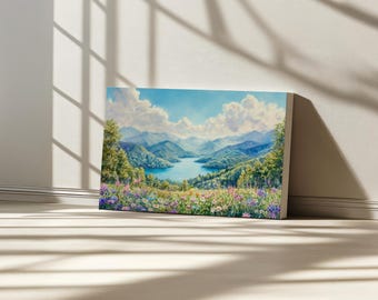 Fontana Lake Canvas, Great Smoky Mountains National Park Wall Art, North Carolina Spring Wildflower, Tennessee Blue Ridge Landscape Painting