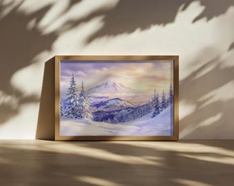 Mount Rainier National Park Painting, Cascade Range Wall Art, Washington Winter Snow Artwork, Mountain Forest Sunrise Nature Landscape Print