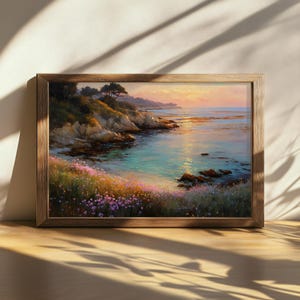 Afdrukbaar schilderij Point Lobos, Californië klaprozen natuur kunst aan de muur, Monterey Peninsula Bay zonsondergang kunst, Stille Oceaan kust lente wilde bloemen