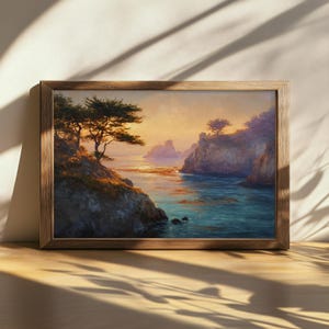 Afdrukbaar schilderij Point Lobos, Californië klaprozen natuur kunst aan de muur, Monterey Peninsula Bay zonsondergang, Stille Oceaan kust zomer zeegezicht kunst
