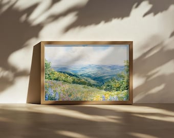 Pintura del Parque Nacional Shenandoah, arte mural de las Montañas Blue Ridge, obra de arte de flores silvestres de la primavera de Virginia, impresión del bosque de las Tierras Altas de los Apalaches