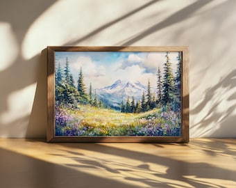 Printable Mount Rainier National Park Painting, Cascade Range Wall Art, Washington Spring Wildflower Artwork, Snow Mountain Forest Nature