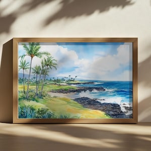 Big Island Painting, Kailua Kona Blue Ocean Wall Art, Hawaii Summer Volcanic Rock Beach Artwork, Tropical Island Palm Tree Landscape Print