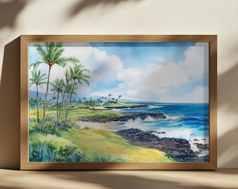 Big Island Painting, Kailua Kona Blue Ocean Wall Art, Hawaii Summer Volcanic Rock Beach Artwork, Tropical Island Palm Tree Landscape Print