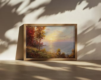 Lake Michigan Painting, Great Lakes of North American Wall Art, Michigan Autumn Fall Foliage Artwork, Forest Sunset Nature Landscape Print