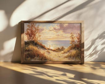 Peinture imprimable coucher de soleil sur le lac Michigan, art mural des Grands Lacs d'Amérique du Nord, oeuvre d'art feuillage automne automne du Michigan, art du paysage forestier