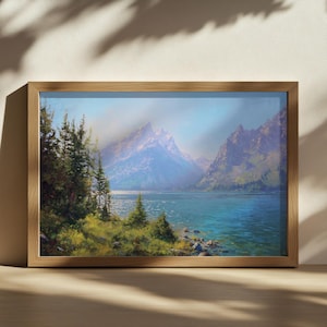 Jenny See Gemälde, Grand Teton National Park Wandkunst, Wyoming Sommer Teton Kette Kunstwerk, Lakeside Bergwald Natur Landschaft Druck