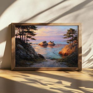 Afdrukbaar schilderij Point Lobos, Californië klaprozen natuur kunst aan de muur, Monterey Peninsula Bay zonsondergang, Stille Oceaan kust winter zeegezicht kunst