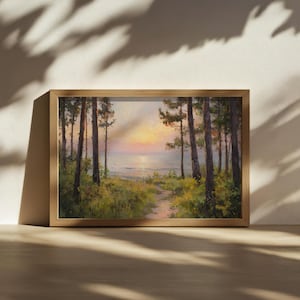 Dipinto del lago Michigan, Grandi Laghi del Nord America, Opera d'arte con cielo all'alba estiva del Michigan, Stampa di paesaggi naturali della foresta in riva al lago