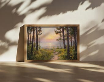 Lake Michigan Painting, Great Lakes of North American Wall Art, Michigan Summer Sunrise Sky Artwork, Lakeside Forest Nature Landscape Print