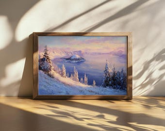 Printable Crater Lake National Park Painting, Wizard Island Nature Wall Art, Oregon Winter Snow Artwork, Pacific Northwest Sunset Art Print