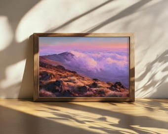 Tableau imprimable du parc national de Haleakala, art mural nature volcanique d'Hawaï, lever de soleil nuageux sur la mer et les montagnes de Maui, impression d'automne volcanique hawaïenne