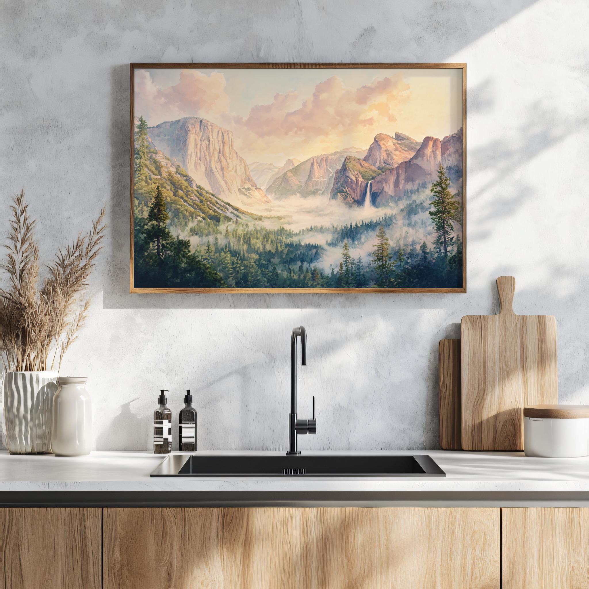 ヨセミテ国立公園の絵画、トンネルビューの日の出ウォールアート