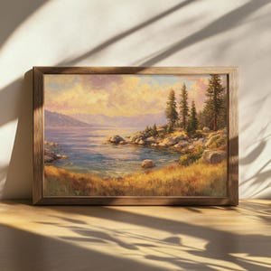 Printable Lake Tahoe Sunset Painting, Sand Harbor State Park Wall Art, California Summer Mountain Forest Artwork, Grassy Shore Water Print