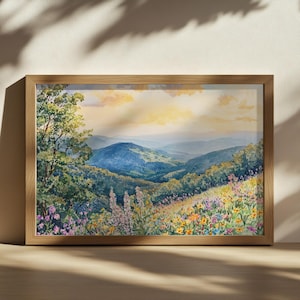 Shenandoah National Park Painting, Blue Ridge Mountain Wall Art, Virginia Spring Wildflower Print, Appalachian Highland Forest Sunset Poster