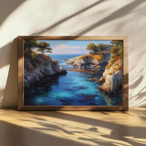 Afdrukbaar schilderij Point Lobos State Park, kunst aan de kust natuur aan de kust van Californië, Monterey Peninsula Bay Artwork, Stille Oceaan herfstzeegezicht
