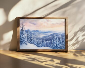 Printable Adirondack Mountain Sunrise Painting, Adirondack Range Wall Art, New York Winter Snow Artwork, Snowy Forest Nature Landscape Art