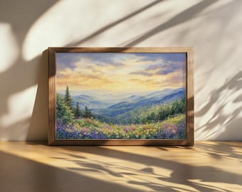 Printable Great Smoky Mountains National Park Painting, Blue Ridge Wall Art, North Carolina Spring Wildflower Artwork, Tennessee Sunrise Art