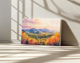 Tela con alba sui monti Adirondack, quadro murale con le alte vette degli Adirondack, opera d'arte con fogliame autunnale a New York, dipinto di paesaggio naturale della foresta