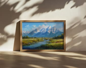 Grand Teton National Park Painting, Forest River Nature Wall Art, Wyoming Summer Alpine Artwork, Snow Mountain Range Peak Landscape Print