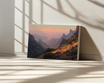 Big Bend National Park Canvas, Chisos Mountain Range Wall Art, Chihuahuan Desert Cactus Sunset Landscape, Texas Spring Wildflower Painting
