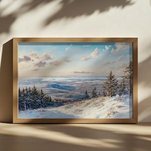 Acadia National Park Painting, Cadillac Mountain Wall Art, Maine Winter Snow Artwork, Appalachian Range Coastal Forest Nature Landscape Art
