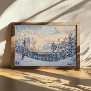 Dipinto stampabile con alba nel Parco Nazionale di Yosemite, vista del tunnel della California, tela con cielo nuvoloso, opera d'arte con foresta innevata