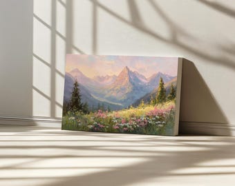 Glacier National Park Canvas, Rocky Mountain Range Wall Art, Montana Spring Wildflower Art, Rockies Forest Sunrise Nature Landscape Painting