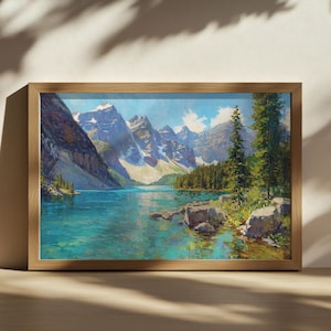 Pintura del lago Moraine, arte mural del Parque Nacional Banff, obra de arte de las montañas Rocosas canadienses en verano, impresión de paisaje natural de aguas turquesas de Canadá