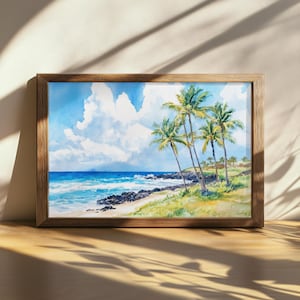 Printable Big Island Painting, Hawaii Coastal Ocean Wall Art, Hawaiian Summer Beach Artwork, Island Palm Tree Print, Volcanic Black Rock Art