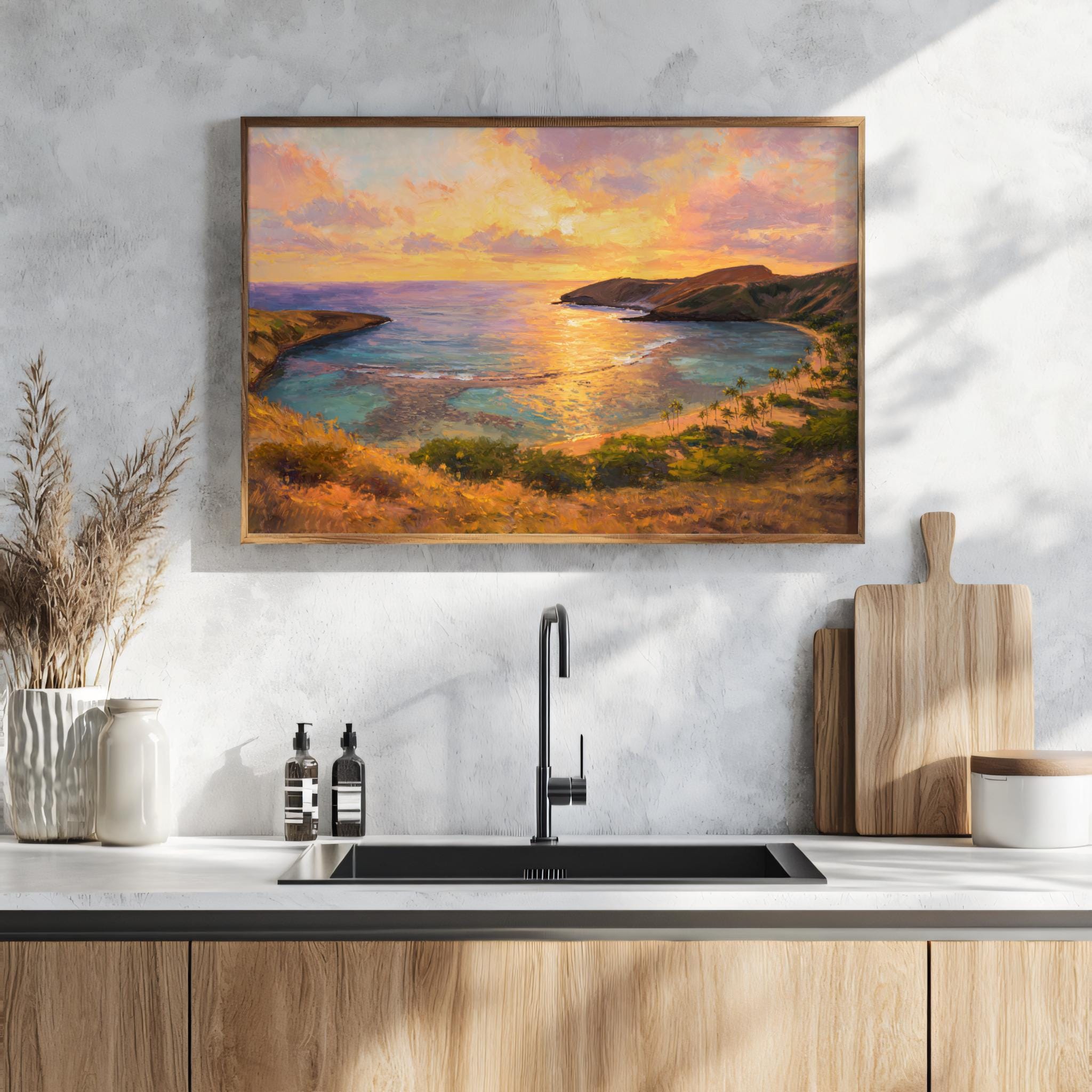 Hanauma Bay Sunset Painting, Hawaii Coral Reef Ocean Wall Art