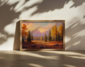 Grand Teton National Park Painting, Mountain Forest Nature Wall Art, Wyoming Autumn Fall Foliage Artwork, Snow Alpine Sunset Landscape Print