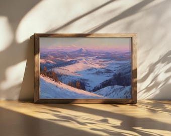 Printable Lassen Volcanic National Park Sunset Painting, Volcano Mountain Wall Art, California Winter Snow Art, Frozen Forest Nature Print