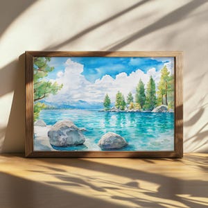 Printable Lake Tahoe Painting, Turquoise Water Reflection Wall Art, California Sierra Nevada Summer, Lakeside Mountain Forest Nature Print