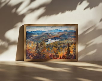 Dipinto sulle montagne Adirondack, decorazione murale con le alte vette degli Adirondack, opera d'arte con fogliame autunnale di New York, stampa di paesaggi naturali di laghi nella foresta