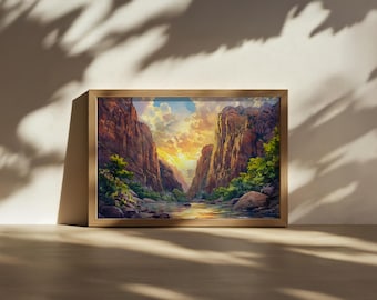 The Narrows Painting, Zion National Park Wall Art, Utah Summer Sunset Artwork, Red Rock Mountain Canyon, Virgin River Valley Landscape Print
