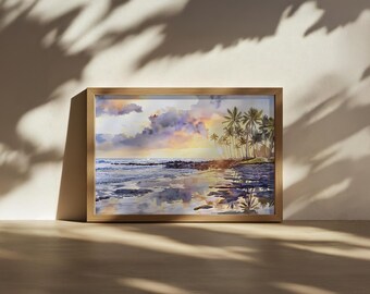 Big Island Painting, Volcanic Rock Coast Wall Art, Hawaii Summer Tropical Island Sunset Artwork, Hawaiian Ocean Beach Palm Tree Landscape