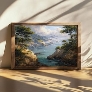 Afdrukbaar schilderij Point Lobos, Californië klaprozen natuur kunst aan de muur, Monterey Peninsula Bay Artwork, Stille Oceaan kust winter zeegezicht kunst