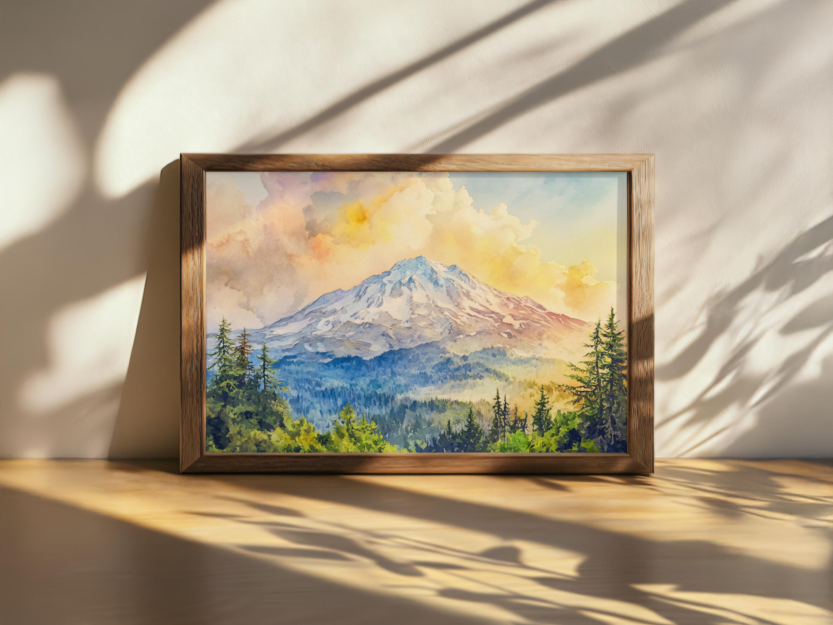 印刷可能なセントヘレンズ山の絵画、雪の火山の山の壁画、ワシントン州