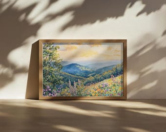 Pintura del Parque Nacional Shenandoah, arte mural de las Montañas Blue Ridge, impresión de flores silvestres de Virginia Spring, póster del atardecer en el bosque de las Tierras Altas de los Apalaches