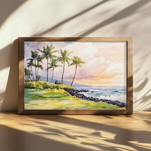 Printable Big Island Painting, Hawaii Blue Ocean Wall Art, Hawaiian Volcanic Rock Summer Sunrise Artwork, Island Palm Tree Nature Landscape