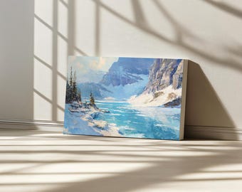 Grinnell Lake Canvas, Glacier National Park Wall Art, Montana Rockies Winter Snow Artwork, Rocky Mountain Forest Nature Landscape Painting