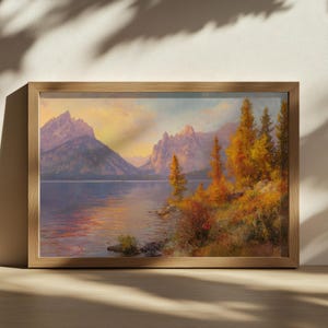 Jenny See Sonnenuntergang Gemälde, Grand Teton National Park Wandkunst, Wyoming Herbst Herbstlaub Kunstwerk, Bergwald Natur Landschaft Druck