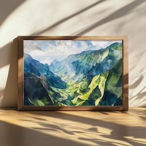 Druckbare Napali Coast Malerei, Kauai Mountain Wandkunst, Hawaii Ozean Kunstwerk, Hawaiianische Küstentaler Druck, Tropical Island Forest Art