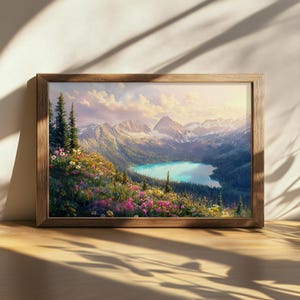 Peinture imprimable du lever du soleil du parc national Yoho, art mural Canada Lake O'Hara, belle toile de ciel nuageux, oeuvre d'art de fleurs sauvages de la forêt de montagne