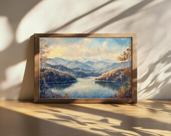 Printable Fontana Lake Painting, Great Smoky Mountains National Park Wall Art, North Carolina Winter Snow, Tennessee Smokies Forest Sunrise
